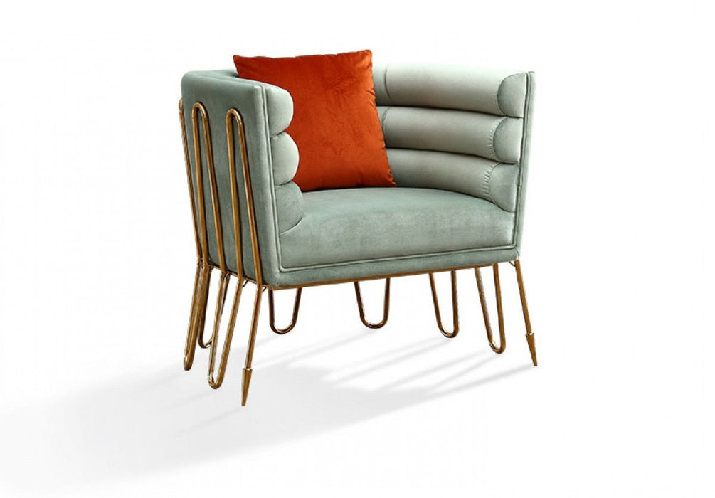 Tubular Velvet And Gold Lounge Chair - Light Green