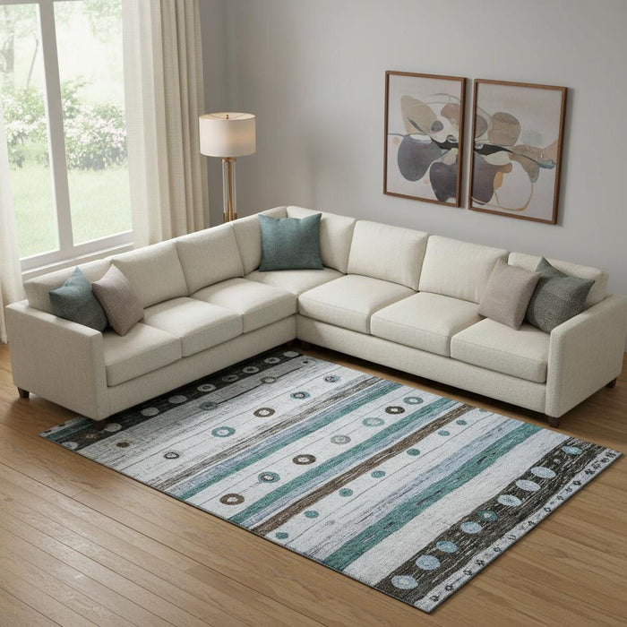 10' X 14' Striped Washable Area Rug With UV Protection (709570) - Teal / Brown / Ivory
