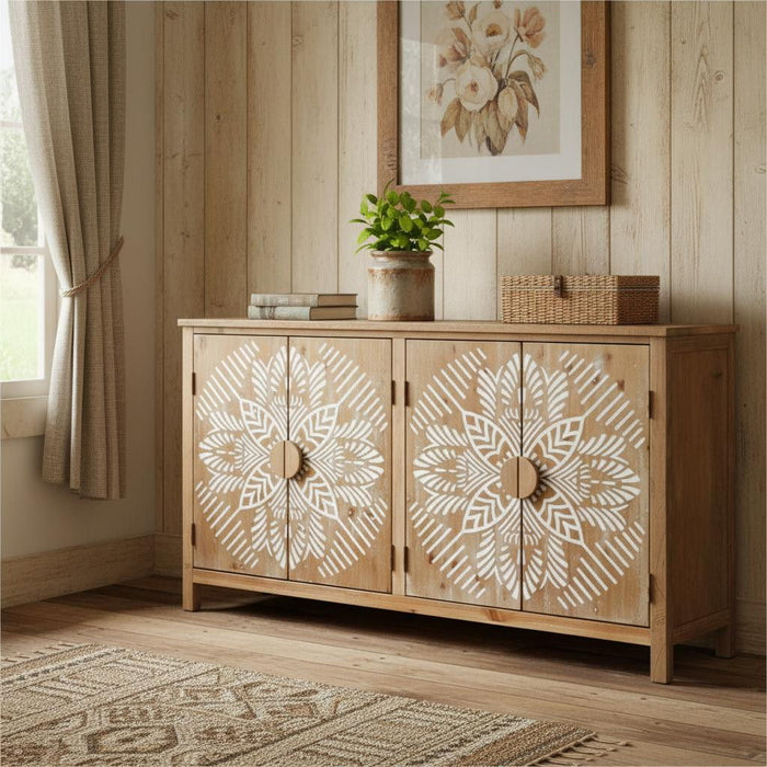 Wood Carved Floral Accent Cabinet With Four Doors - Brown / White