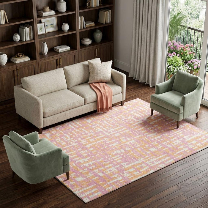 10' X 14' Abstract Geometric Washable Area Rug With UV Protection (683075) - Pink / Ivory / Orange