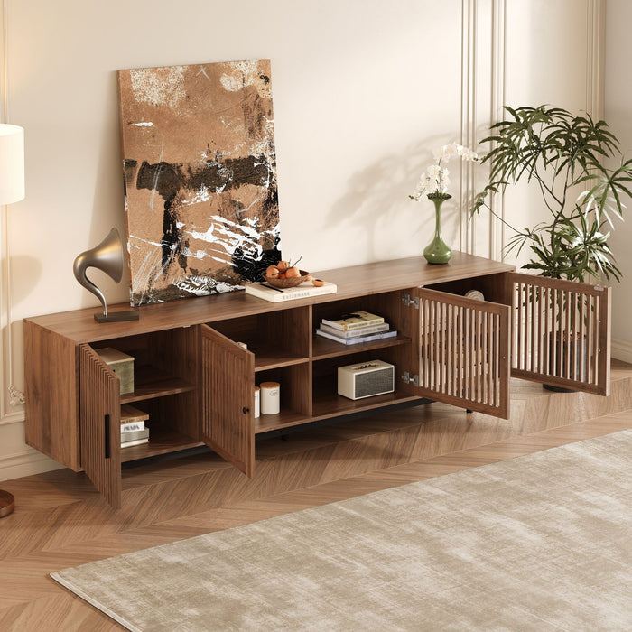 Giga walnut TV stand with closed storage, cable management, and soft closing hinges for modern entertainment centers.