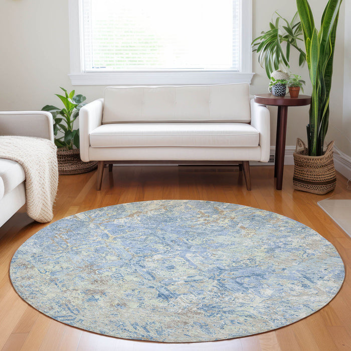 8' Diamond Washable Round Rug With UV Protection - Sky Blue
