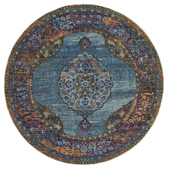8' Round Oriental Power Loom Area Rug - Blue And Beige