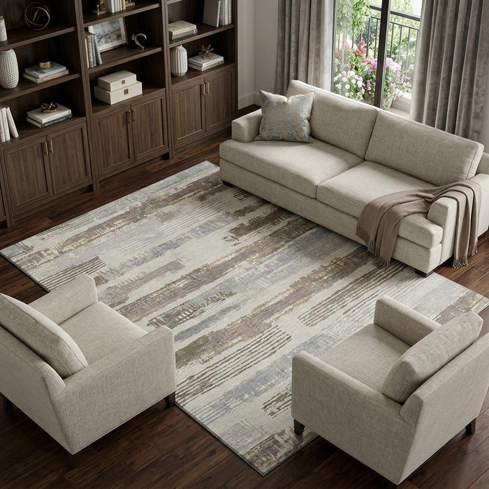 10' X 14' Striped Washable Area Rug With UV Protection (696500) - Linen / Gray / Ivory