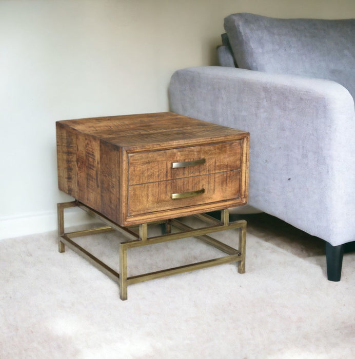 Solid Wood And Iron Square End Table With Drawer - Brass And Brown