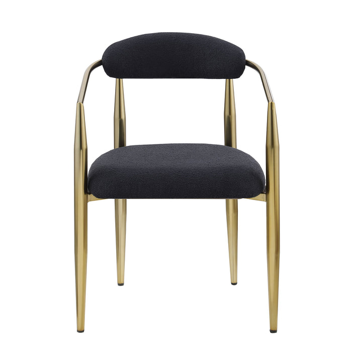 Set of 2 Giga mid-century modern dining chairs with round boucle backrests, Sherpa upholstery, and metal legs for kitchen or dining room.