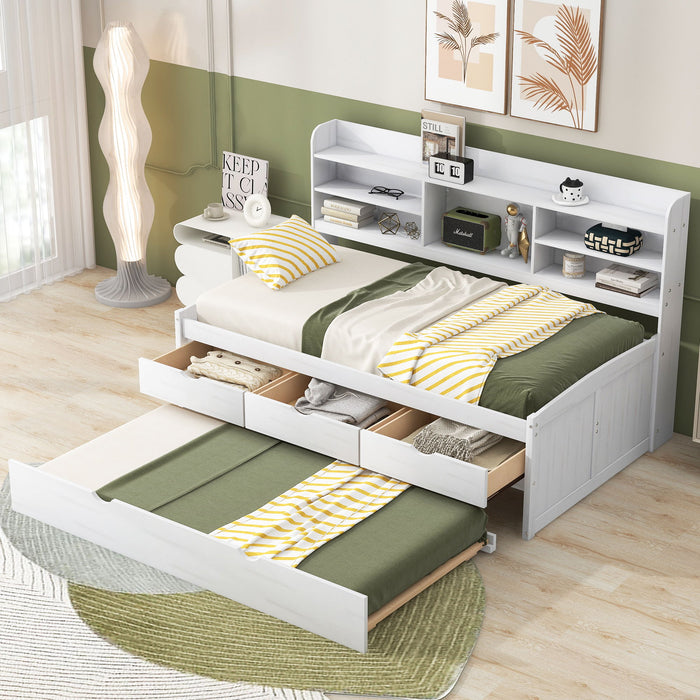 Giga Captain bed with built-in bookshelves, three storage drawers, and a trundle bed for versatile sleeping and storage options.