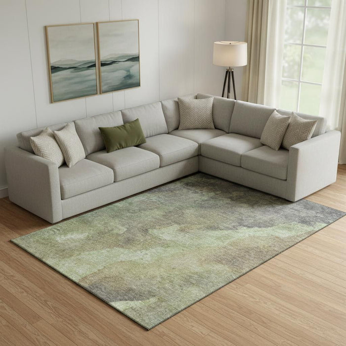 10' X 14' Abstract Washable Area Rug With UV Protection (710052) - Artichoke Green / Taupe / Brown