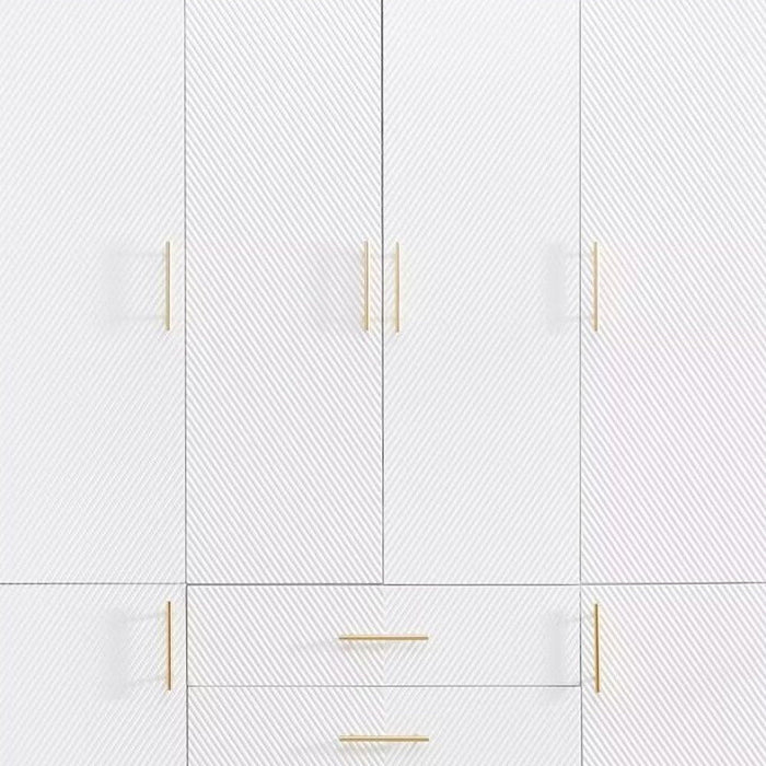 White 74-inch carved geometric six-door, three-drawer combo dresser wardrobe by HomeRoots, showcasing detailed design and ample storage.