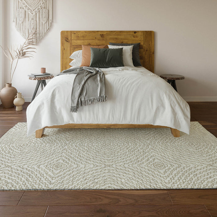 10' X 14' Geometric Washable Area Rug With UV Protection - Linen And Ivory
