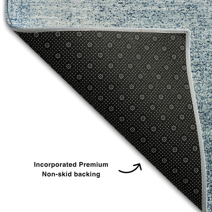 8' Abstract Washable Round Rug With UV Protection - Denim Blue / Ivory