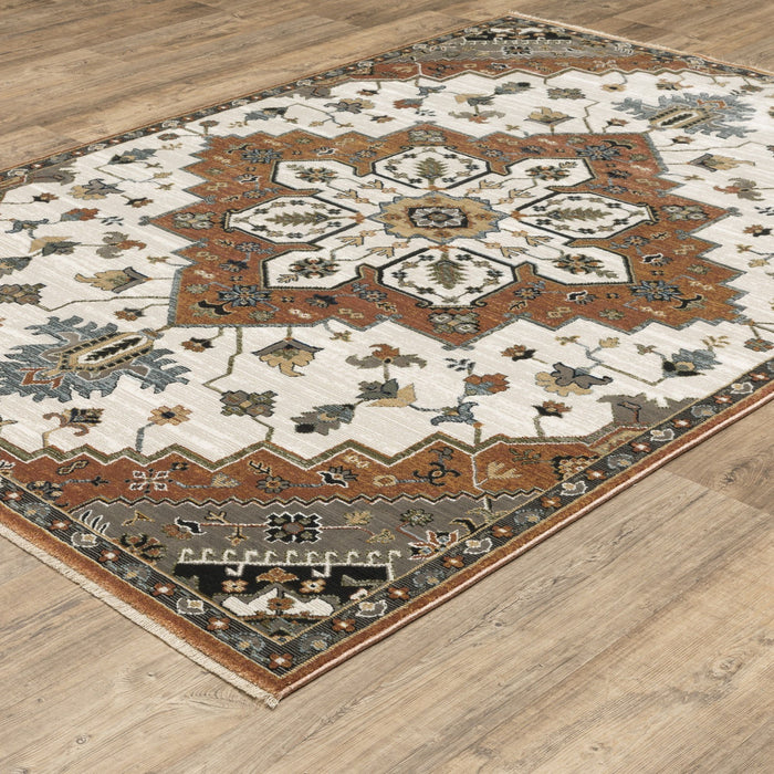 10' X 13' Medallion Area Rug With Fringe (575092) - Rust / Ivory / Black