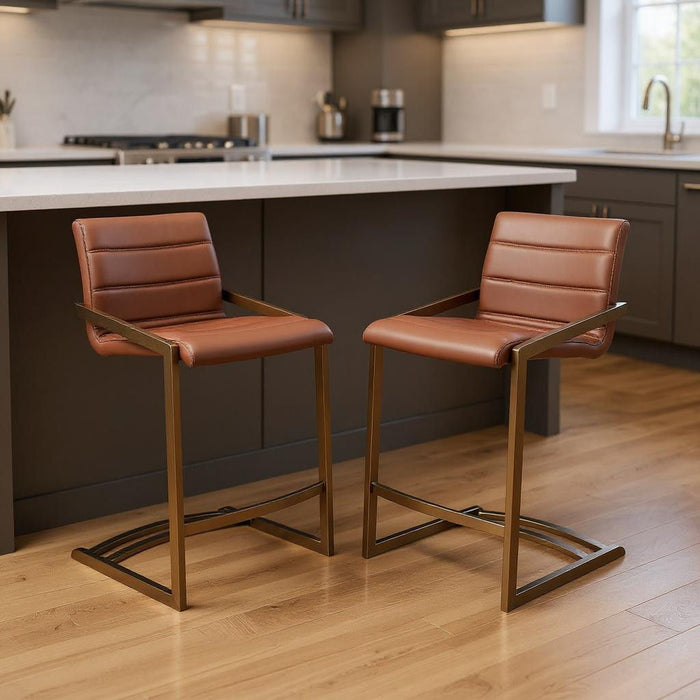Faux Leather Low Back Counter Height Bar Chairs (Set of 2) - Brown / Rose / Gold