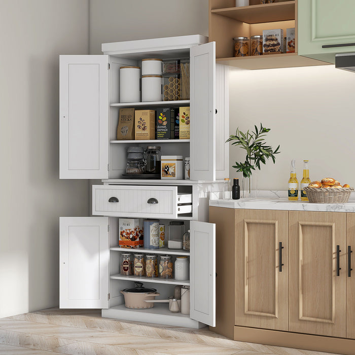 Giga Homcom 72-inch white kitchen pantry with adjustable shelves, drawers, and doors, tall freestanding storage cabinet.