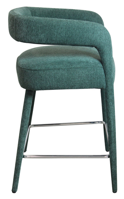Teal blue 25-inch modern metal and fabric low back counter height bar chair by HomeRoots, featuring sleek design and comfortable seating.