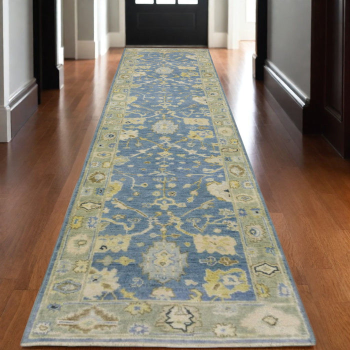 10' Wool Oriental Hand Knotted Runner Rug With Fringe - Blue And Green