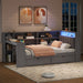 Giga platform storage bed with upholstered headboard, built-in desk, LED lighting, storage drawers, shelves, and integrated charging station.