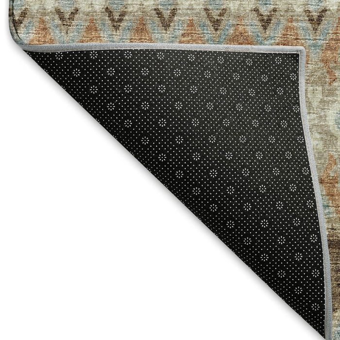10' X 14' Tribal Distressed Washable Area Rug With UV Protection (643803) - Burnt Sienna / Ivory / Blue