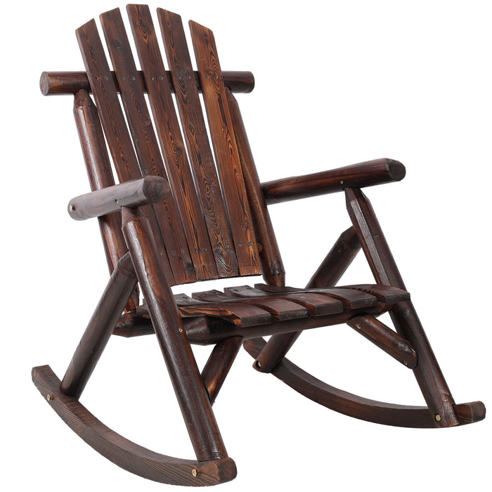 Giga wooden porch rocker chair made of fir log with curved armrests and slatted back for outdoor relaxation.