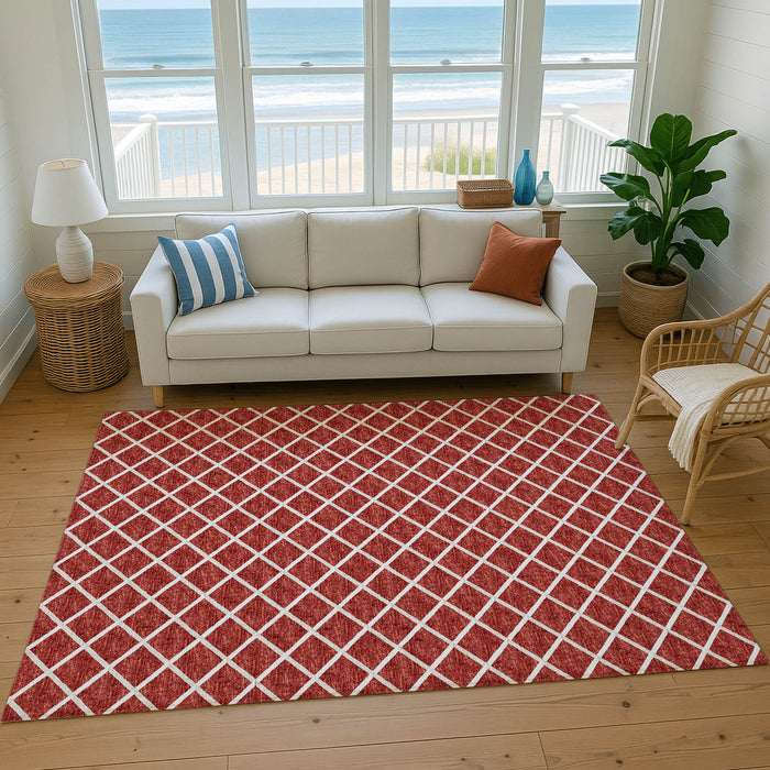 8' X 10' Geometric Washable Area Rug With UV Protection - Red / Ivory