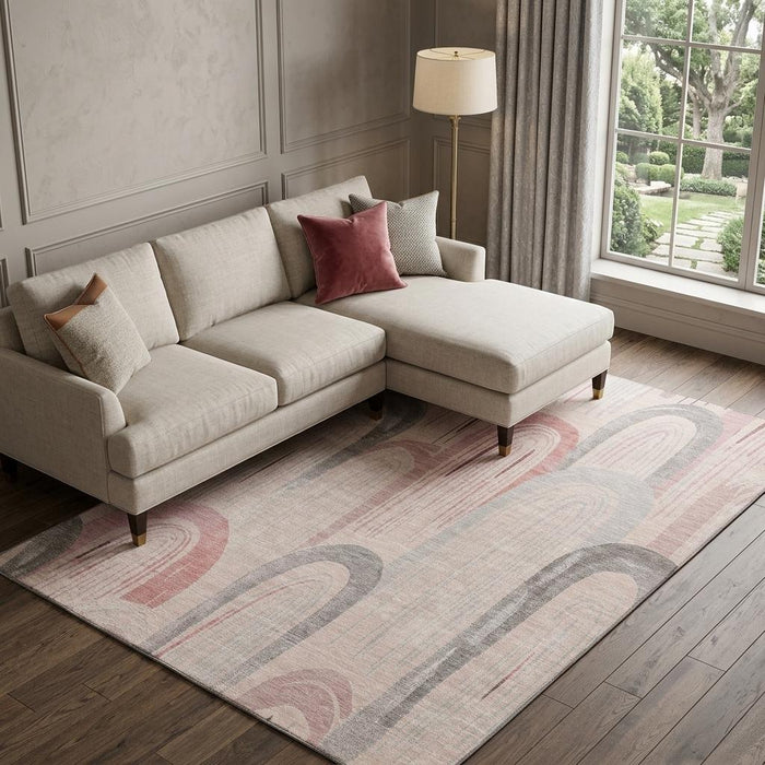 10' X 14' Geometric Washable Area Rug With UV Protection (694634) - Salmon / Gray / Silver
