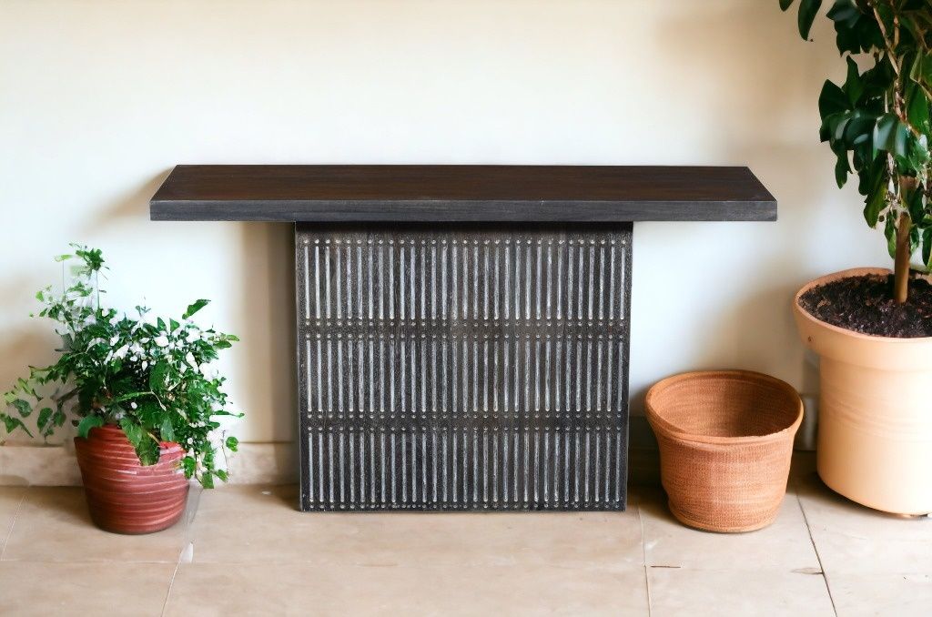Solid Wood Distressed Pedestal Console Table - Brown