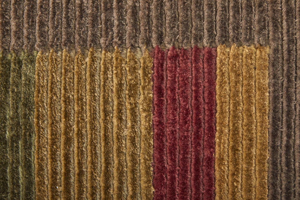 9' X 12' Striped Hand Knotted Area Rug (744367) - Brown / Green / Red