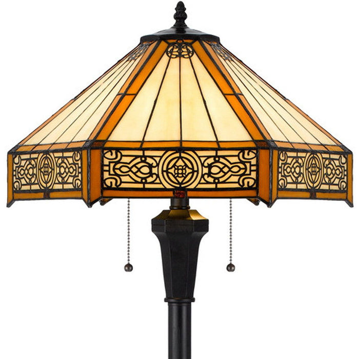 Two Light Traditional Shaped Floor Lamp With Orange And Ivory Abstract Tiffany Glass Empire Shade - Bronze