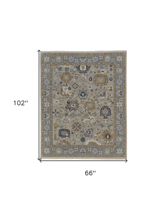 5.5' x 8.5' Wool Oriental Hand Knotted Area Rug With Fringe - Gray And Brown