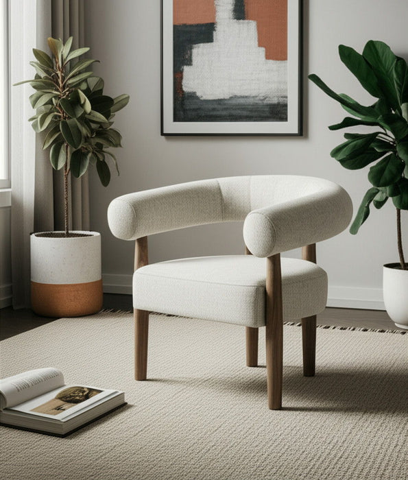 29" Fabric And Wood Arm Chair - Off White / Ash