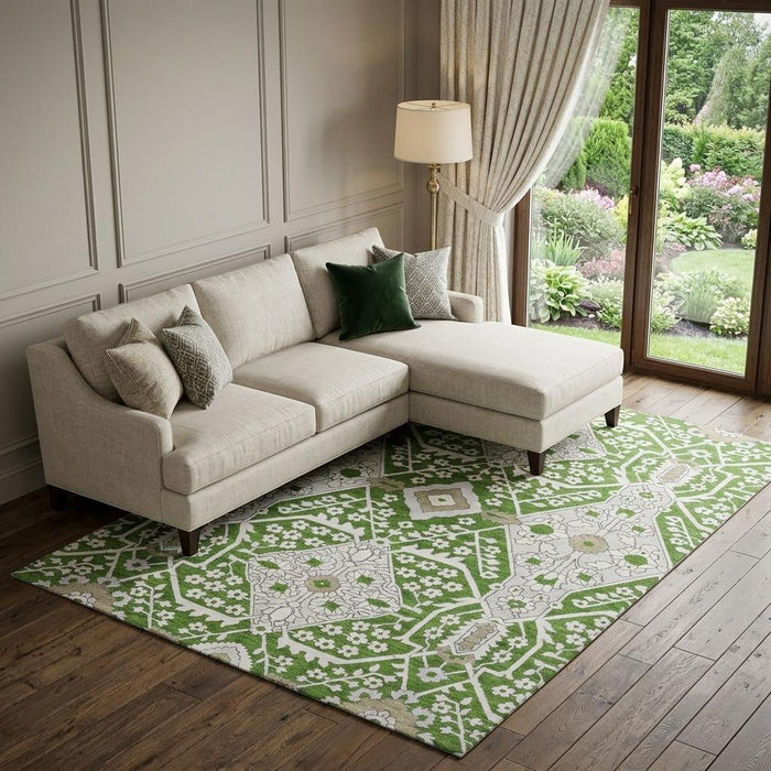 10' X 14' Floral Washable Area Rug With UV Protection (668522) - Green / Ivory / Gray