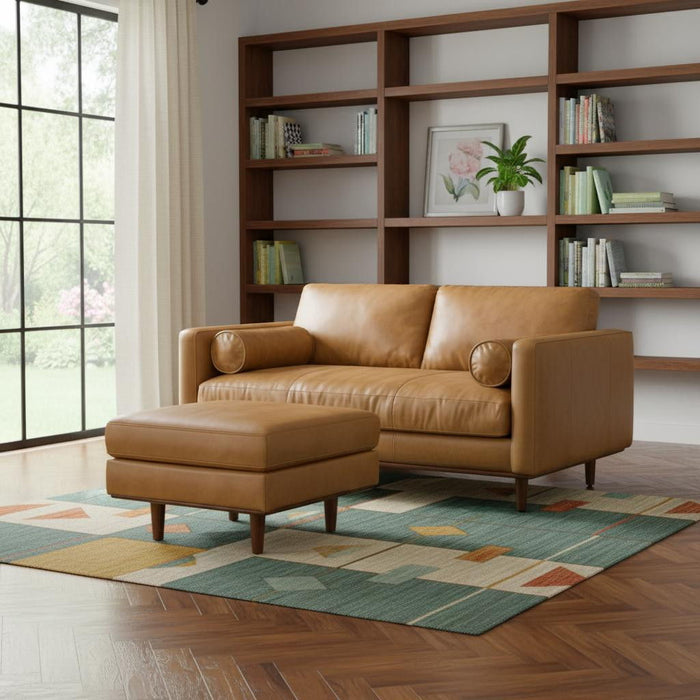 72" 2 Piece Living Room Set Sienna Leather Sofa With Ottoman With Brown Legs - Brown