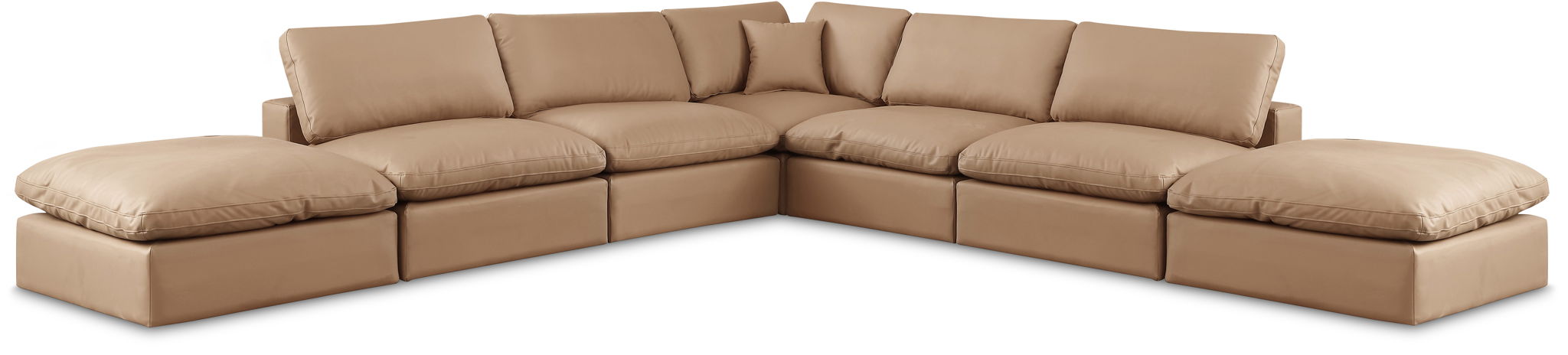 Tan Meridian Furniture Comfy 7-piece faux leather modular corner sectional sofa with plush cushions and modern design.