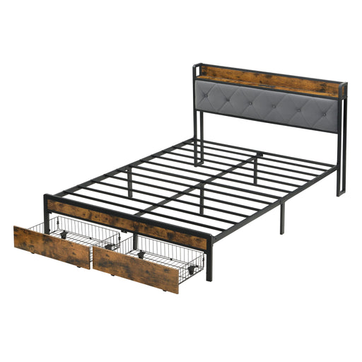 Giga modern storage bed frame with LED lights, upholstered headboard, and USB charging ports in a stylish bedroom setting.