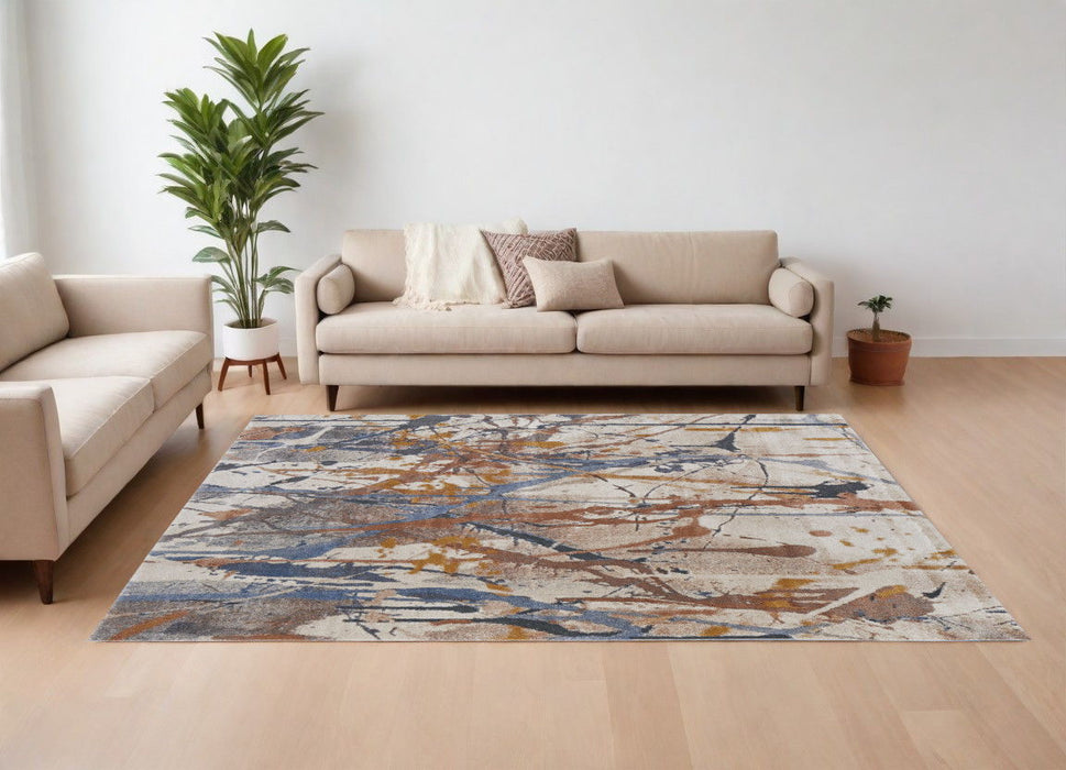 10' x 14' Abstract Power Loom Polypropylene Area Rug - Ivory Blue And Brown