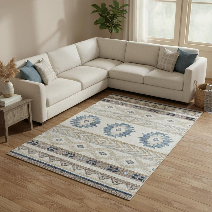 10' X 14' Geometric Washable Area Rug With UV Protection (645648) - Taupe / Ivory / Blue