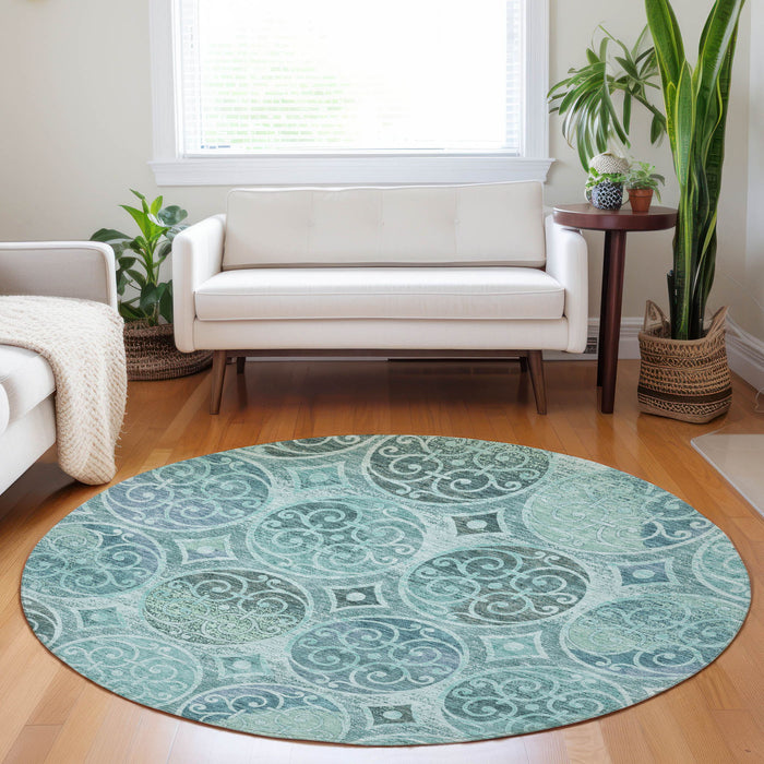 8' Medallion Washable Round Rug With UV Protection - Teal And Aqua