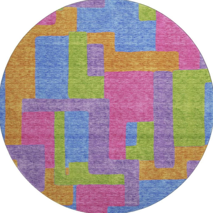 8' Abstract Geometric Washable Round Rug With UV Protection - Purple