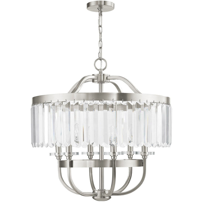 HomeRoots 25-inch metal chandelier with six lights, dimmable, featuring clear shades and a nickel finish.