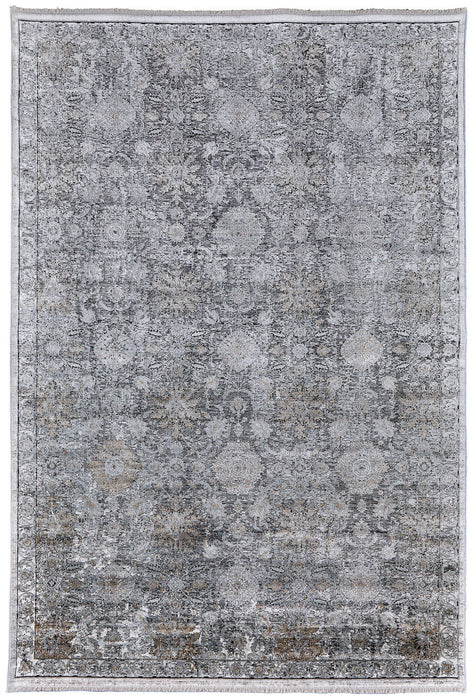 9' x 13' Damask Power Loom Worn Faded Area Rug - Gray And Silver
