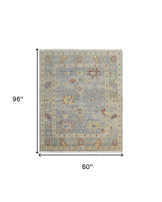 5' x 8' Wool Floral Hand Knotted Area Rug With Fringe - Light Blue And Taupe