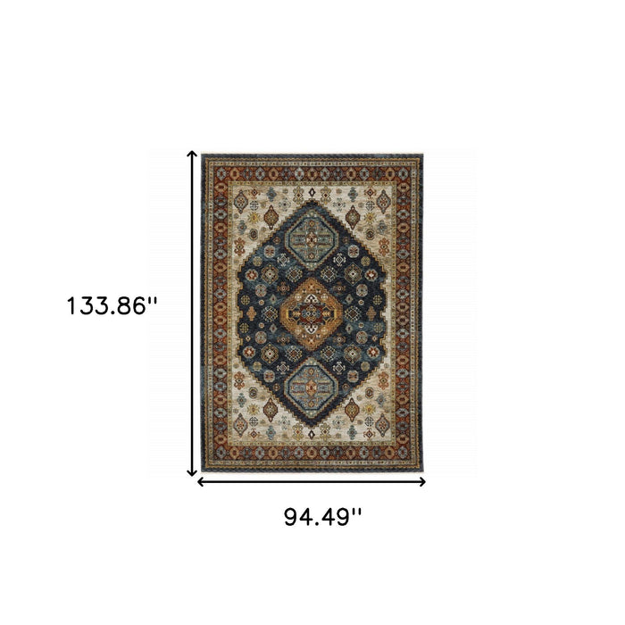 7.9' x 11.2' Oriental Power Loom Polyester Area Rug - Blue And Beige
