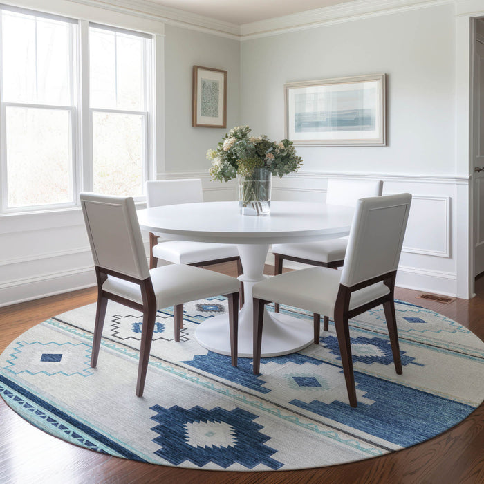 8' Southwest Geometric Washable Round Rug With UV Protection - Blue And Ivory