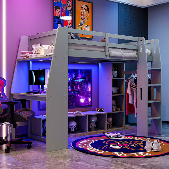 Giga gaming loft bed with built-in desk, storage shelves, LED lighting, and hanging clothes rack in a modern bedroom setting.