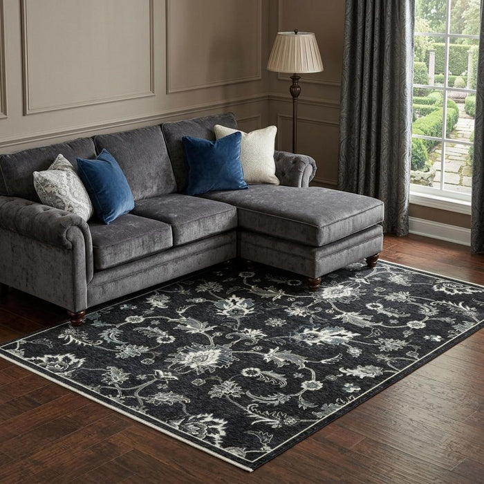 10' X 13' Floral Area Rug With Fringe (575132) - Blue / Black / Ivory