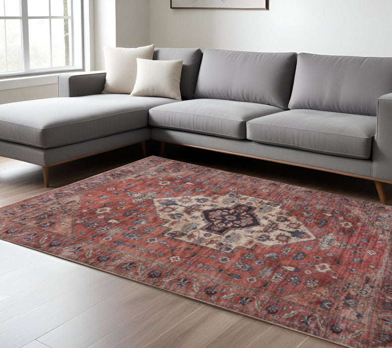 9' X 12' Medallion Distressed Washable Area Rug - Red And Ivory