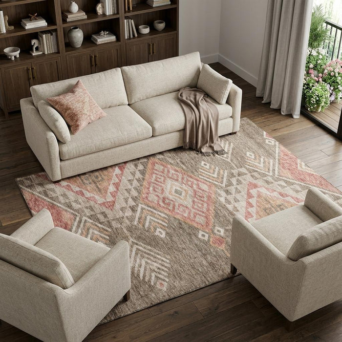 10' X 14' Geometric Washable Area Rug With UV Protection (684094) - Brown / Salmon / Ivory