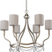 HomeRoots gold metal six-light chandelier with white shades, dimmable candle-style design, ideal for elegant interior lighting.
