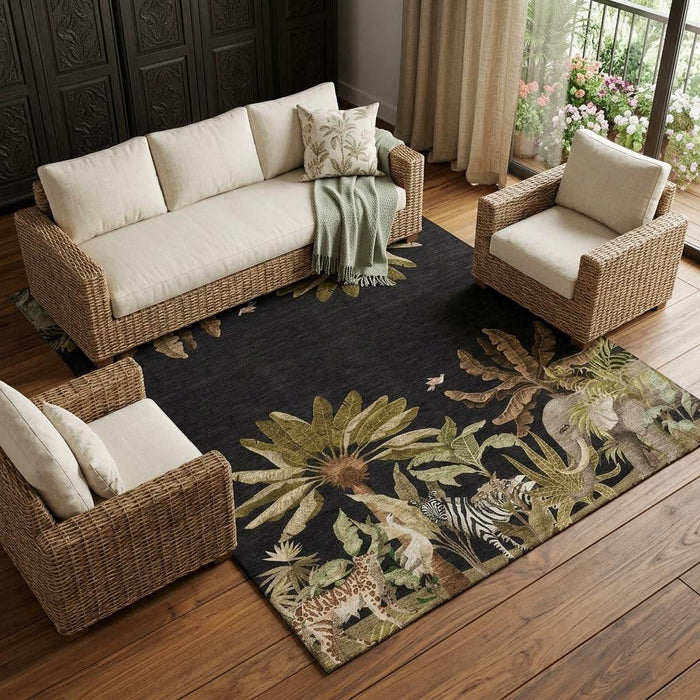 9' X 12' Tropical Botanical Distressed Washable Area Rug With UV Protection (646354) - Midnight / Brown / Olive Green