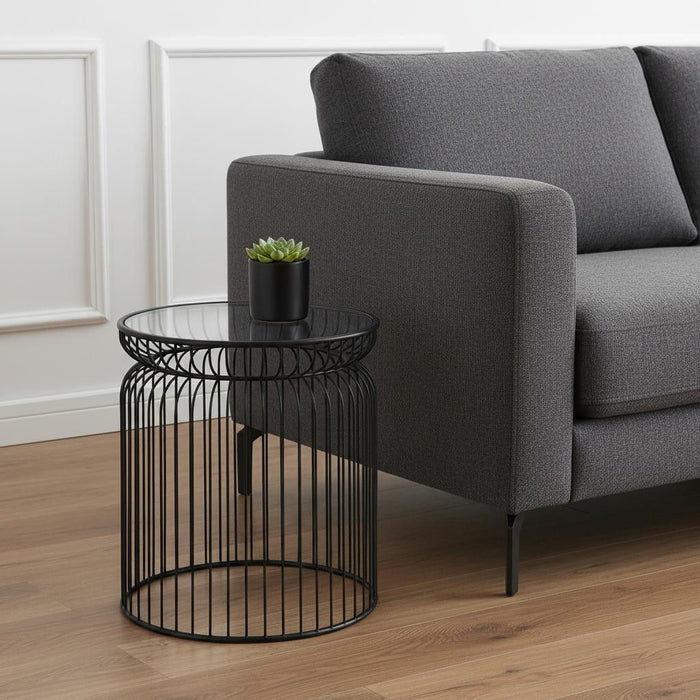 Tempered Glass Metal Wire Round Drum End Tables (Set of 2) - Clear / Black
